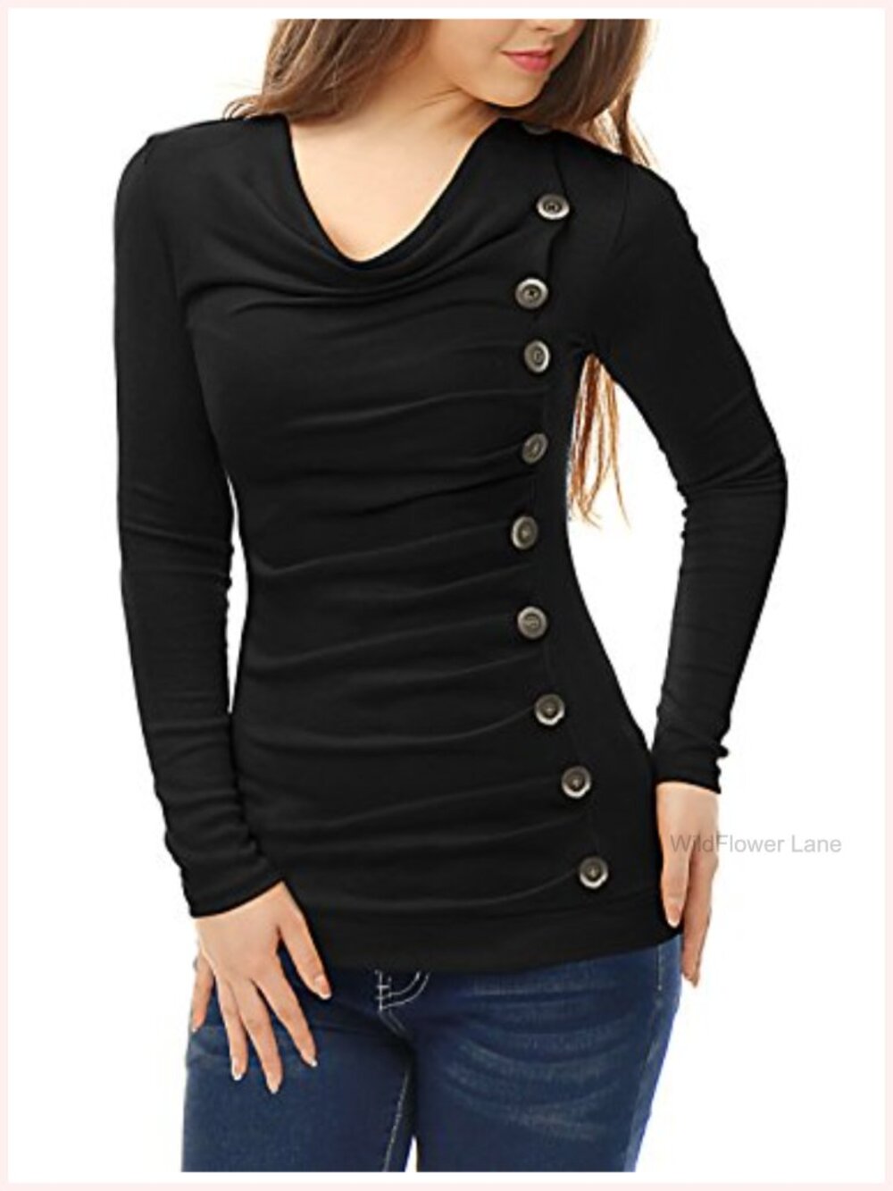 Cowl Neck Long Sleeve Button Decor Tunic Ruched Pullover Blouse
